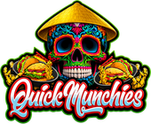 Colorful logo of a skull in a straw hat above the words “Quick Munchies,” flanked by tacos and snacks