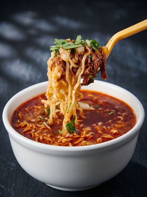 Fork lifting saucy shredded noodles from a bowl of red soup, garnished with herbs