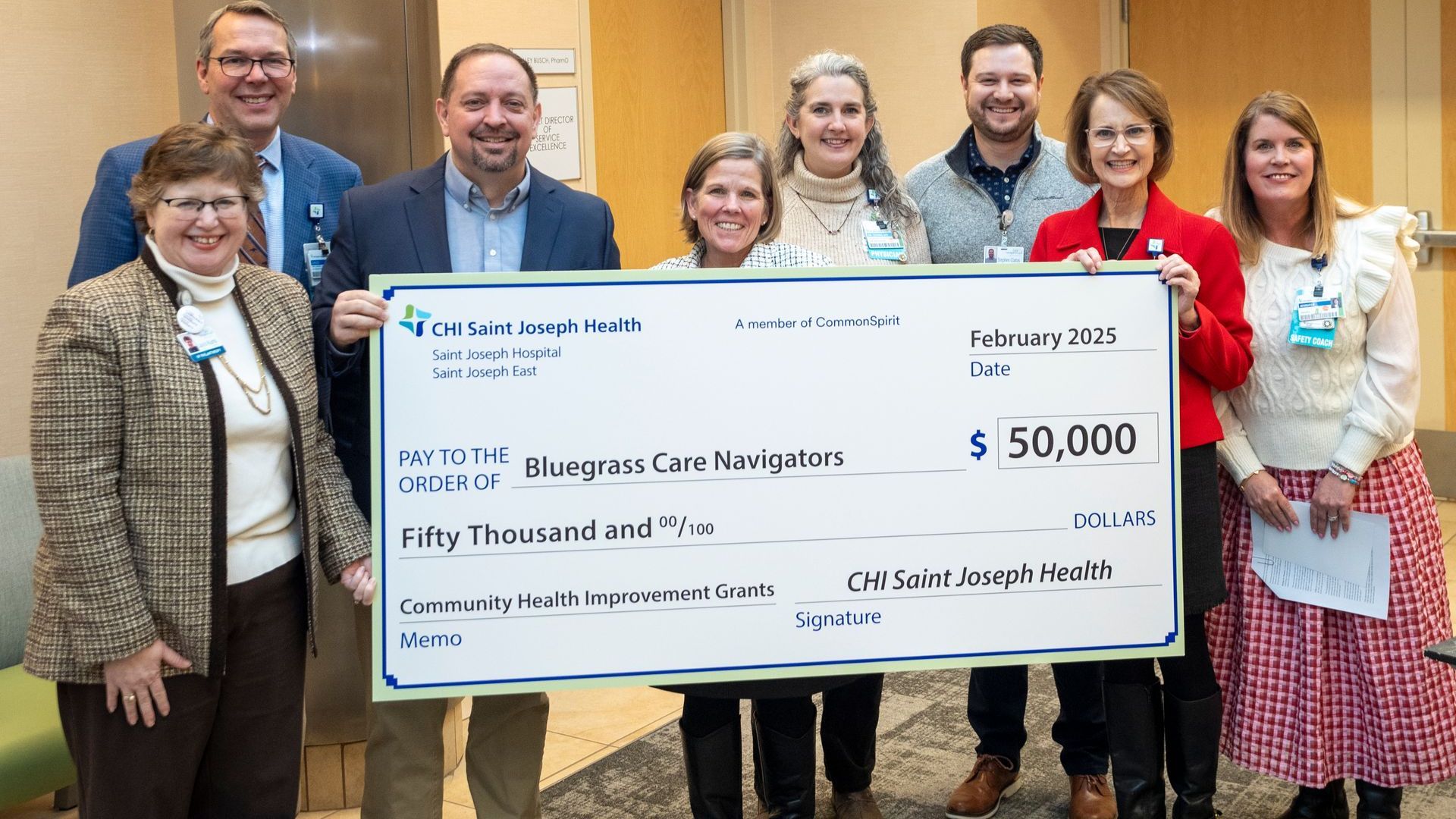 Saint Joseph Hospital and Saint Joseph East donation check of $50,000 for grief services and integrative medicine programs