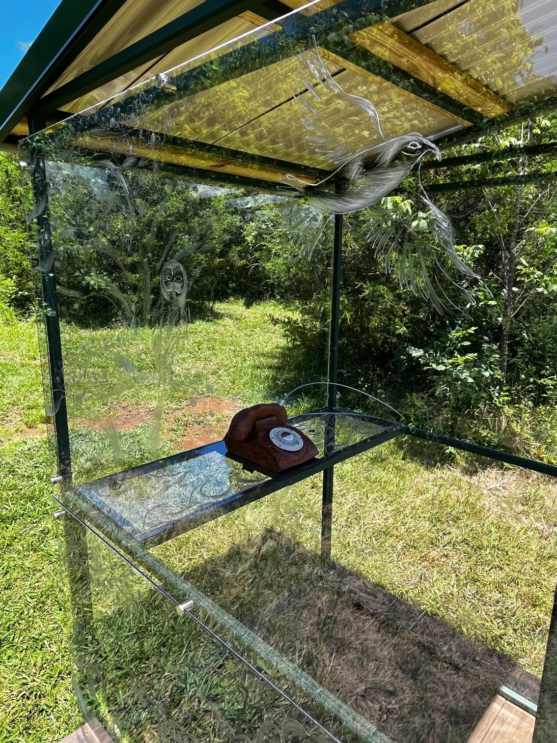 Mollie’s sculpture Bird Calls at Josephine Sculpture Park in Frankfort, Ky., features a hand-carved, disconnected phone where visitors are invited to have a conversation with a loved one who has passed, share thoughts left unsaid, or simply reflect.
