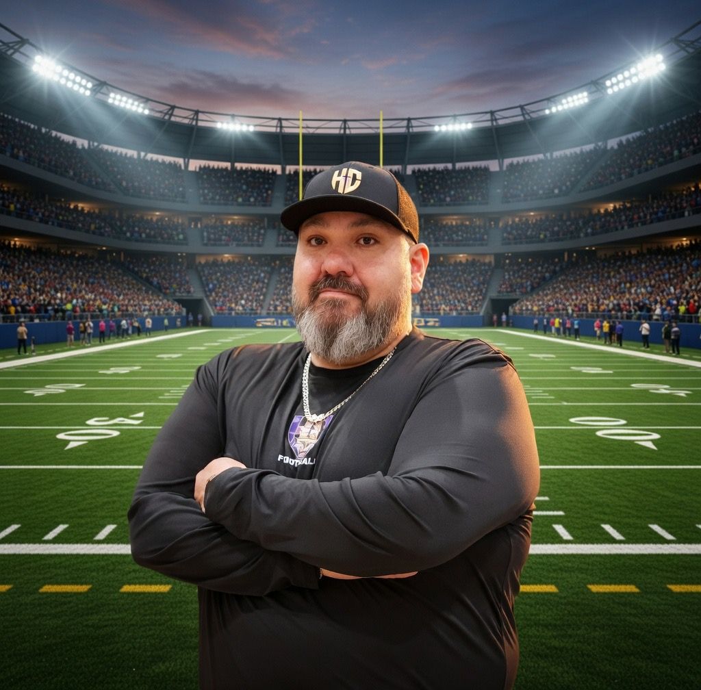 A person with a beard and a black cap with gold lettering stands with arms crossed against a wall with a dark mural.