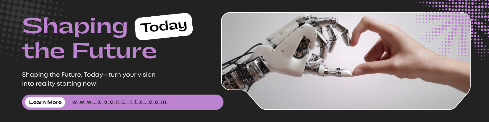 Robot and human hands forming a heart shape, headline 