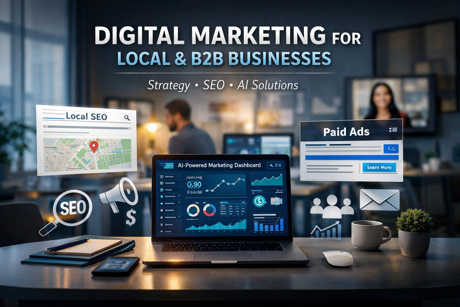 Digital marketing advertisement for local and B2B businesses, with laptop, charts, and SEO icons.