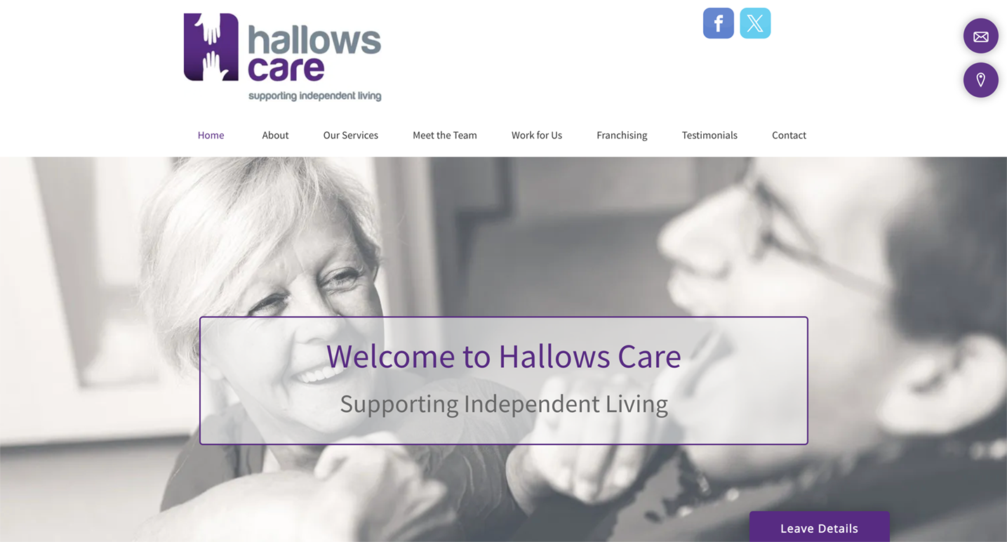 Hallows Care website homepage: Woman with another person; logo, navigation menu, welcome message.