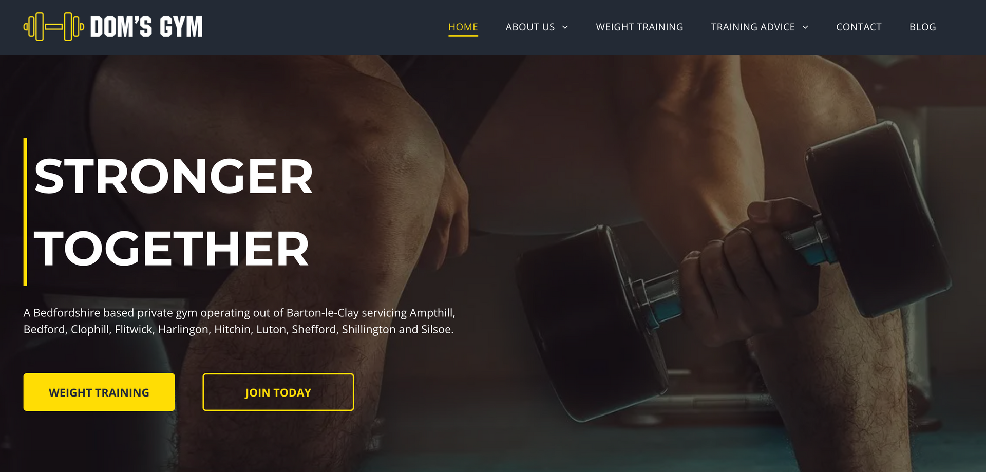 Website banner for Dom's Gym: a person lifting a dumbbell; 