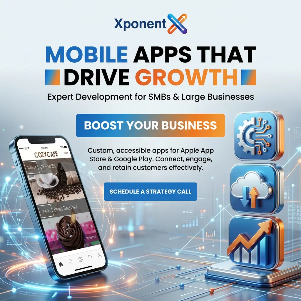 Mobile app marketing ad with phone mockup, “Boost Your Business” callout, and growth icons in blue and orange