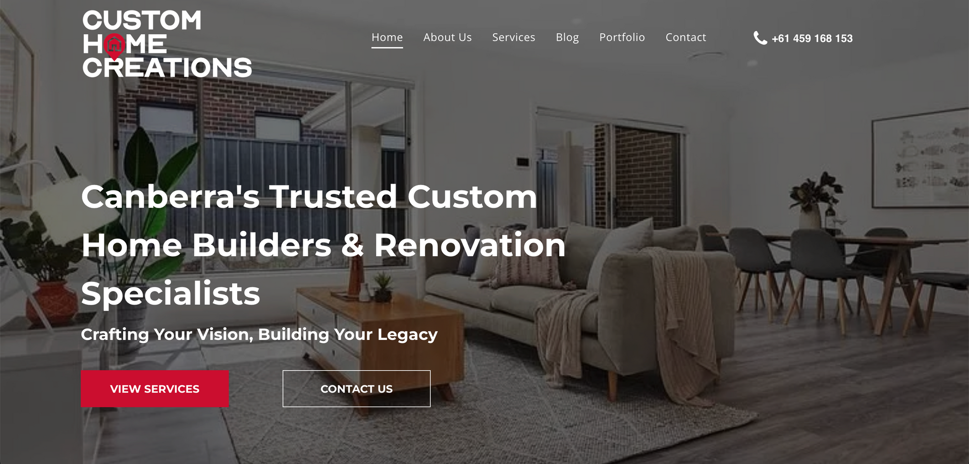 Website homepage for Custom Home Creations, a home builder in Canberra.