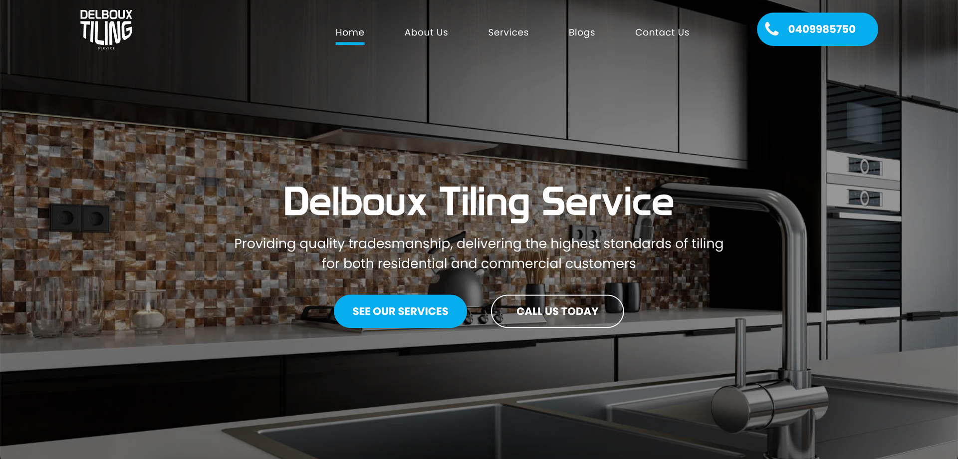 Website homepage for Delboux Tiling Service. Displays a kitchen with tiling, call to action button.