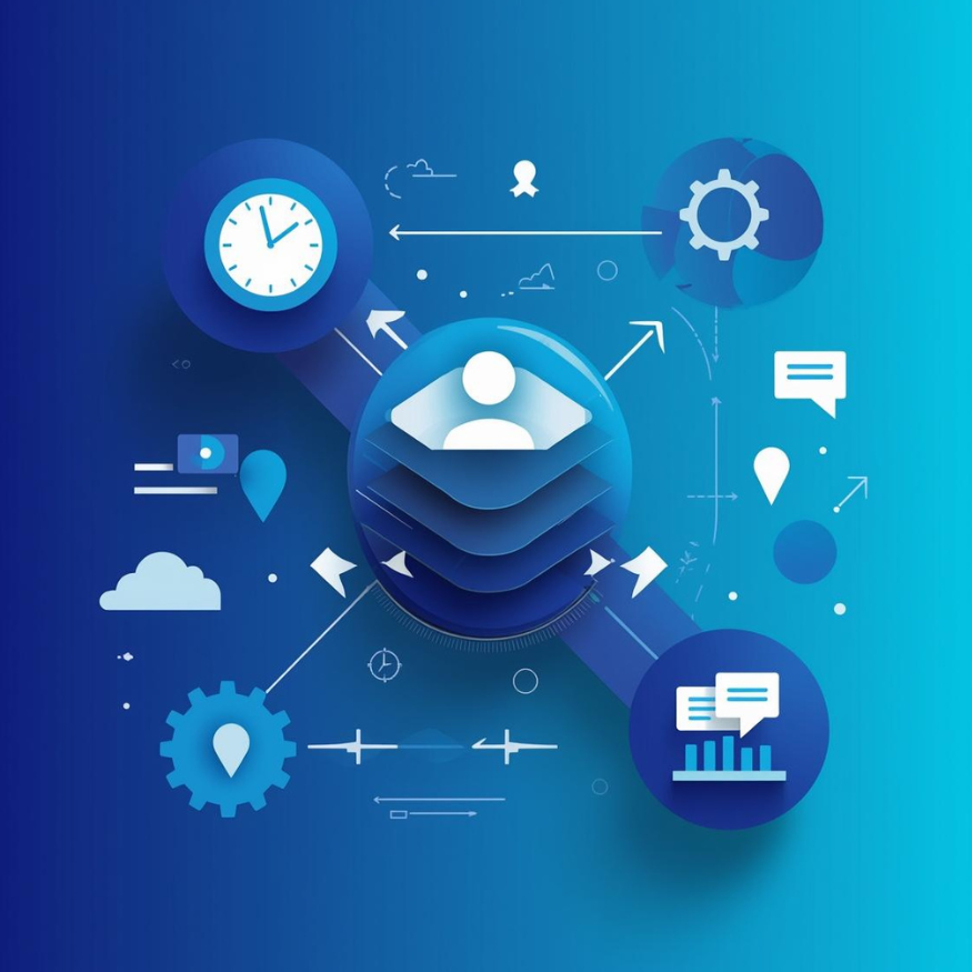 Blue graphic of interconnected elements: a central user icon, clock, gear, chat bubbles, and upward arrows.