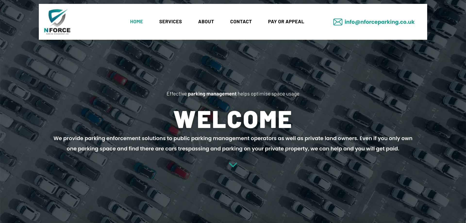 Website homepage for parking management solutions. Features a parking lot background and a welcome message.