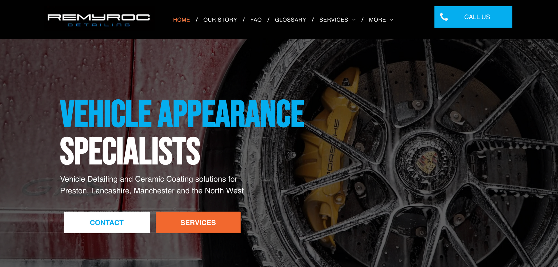 Website homepage promoting vehicle appearance services. Text: Vehicle Appearance Specialists. Black background with tire.