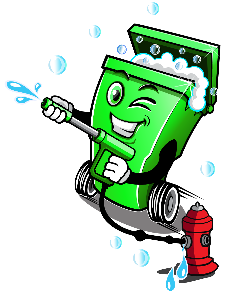A cartoon illustration of a green trash can cleaning a fire hydrant.