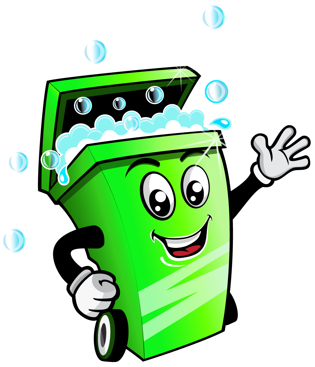 A cartoon illustration of a green trash can with soap bubbles coming out of it.