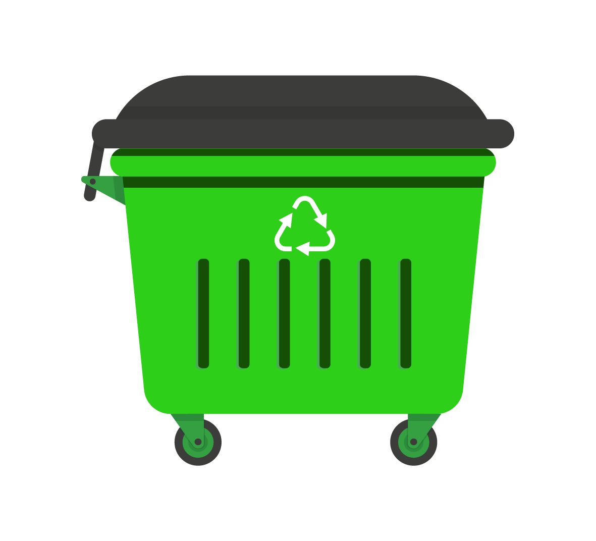 A green trash can with a recycling symbol on it.