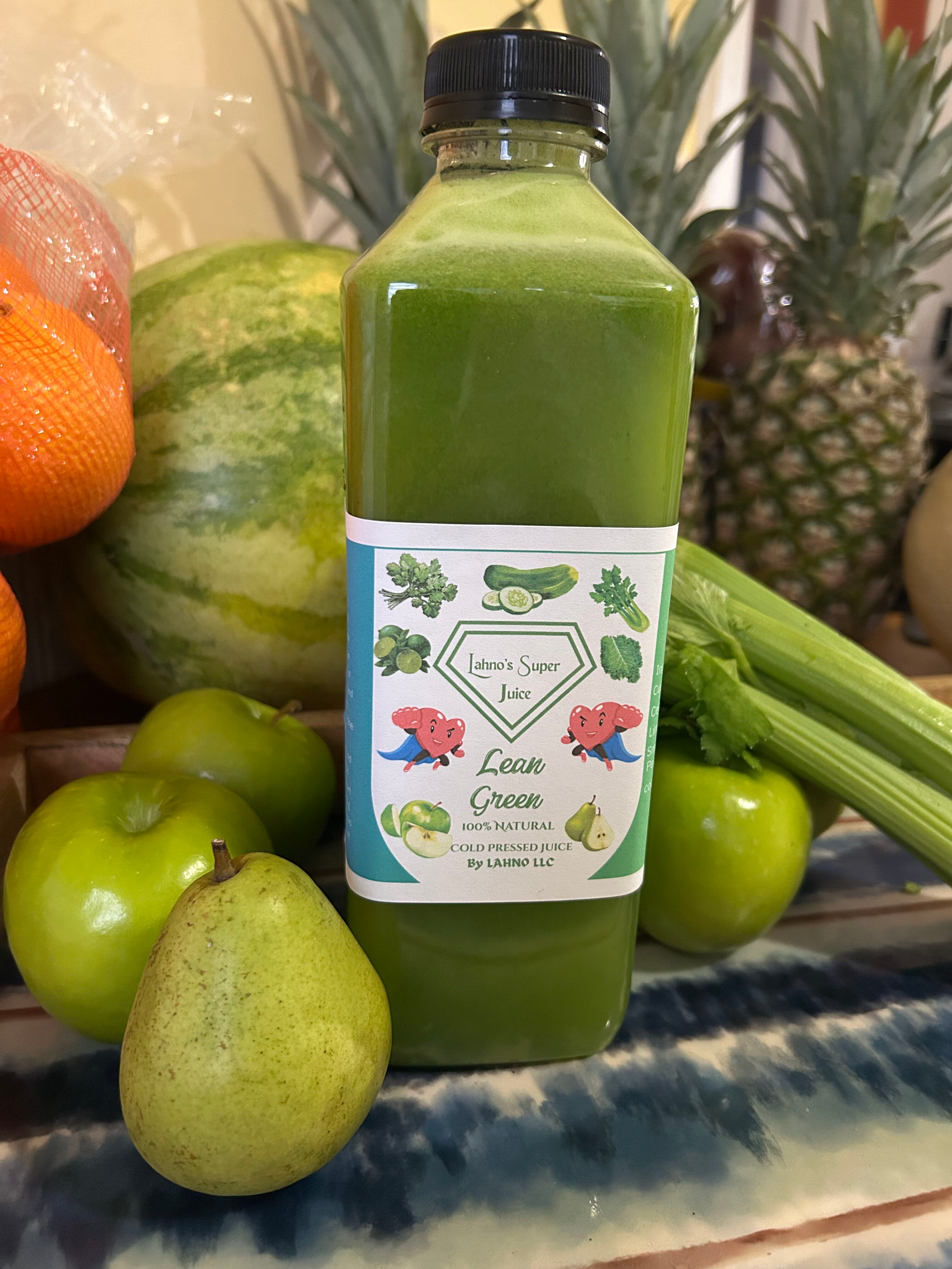 Lean Green. Cold pressed Cucumber, Kale, Cilantro, Celery, Limes, Granny Smith Apples & Pears cold pressed juice. 33 oz, 12oz
