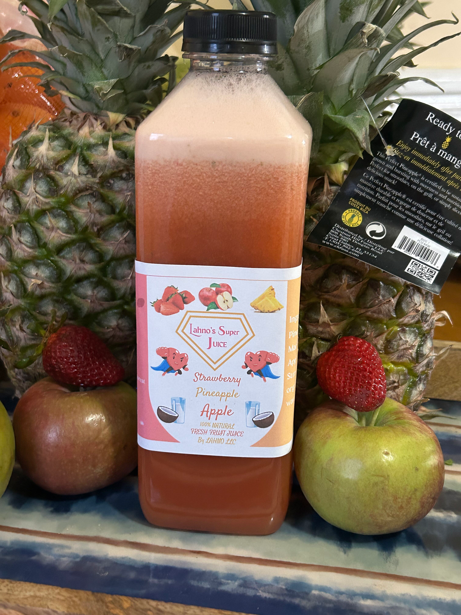 Cold pressed juice, Strawberry, Pineapple, Apple. 33 & 12 oz pictured
