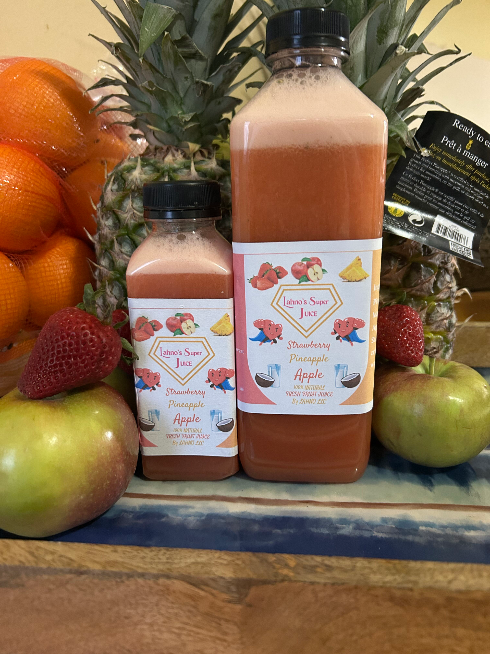 Cold pressed juice, Strawberry, Pineapple, Apple. 33 & 12 oz pictured