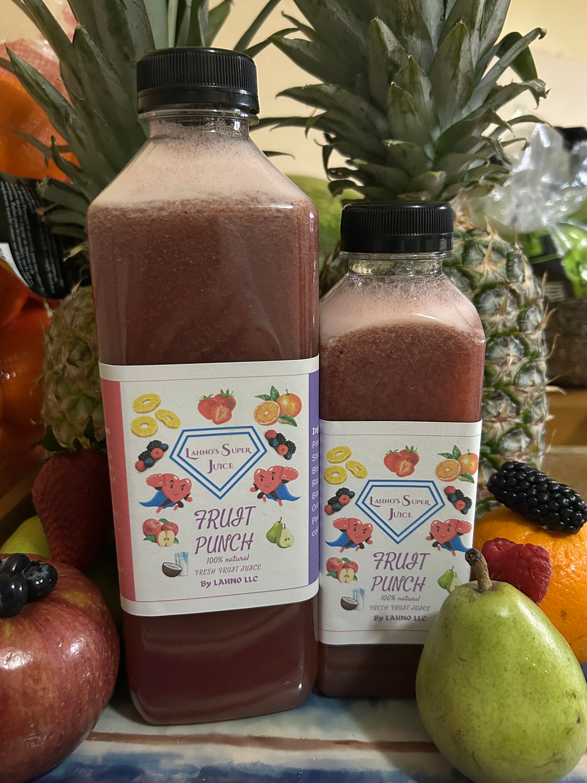 Cold pressed fruit punch juice. Pineapple, Orange, Apple, Pear, Strawberries, Blueberries, Blackberries & Raspberries
