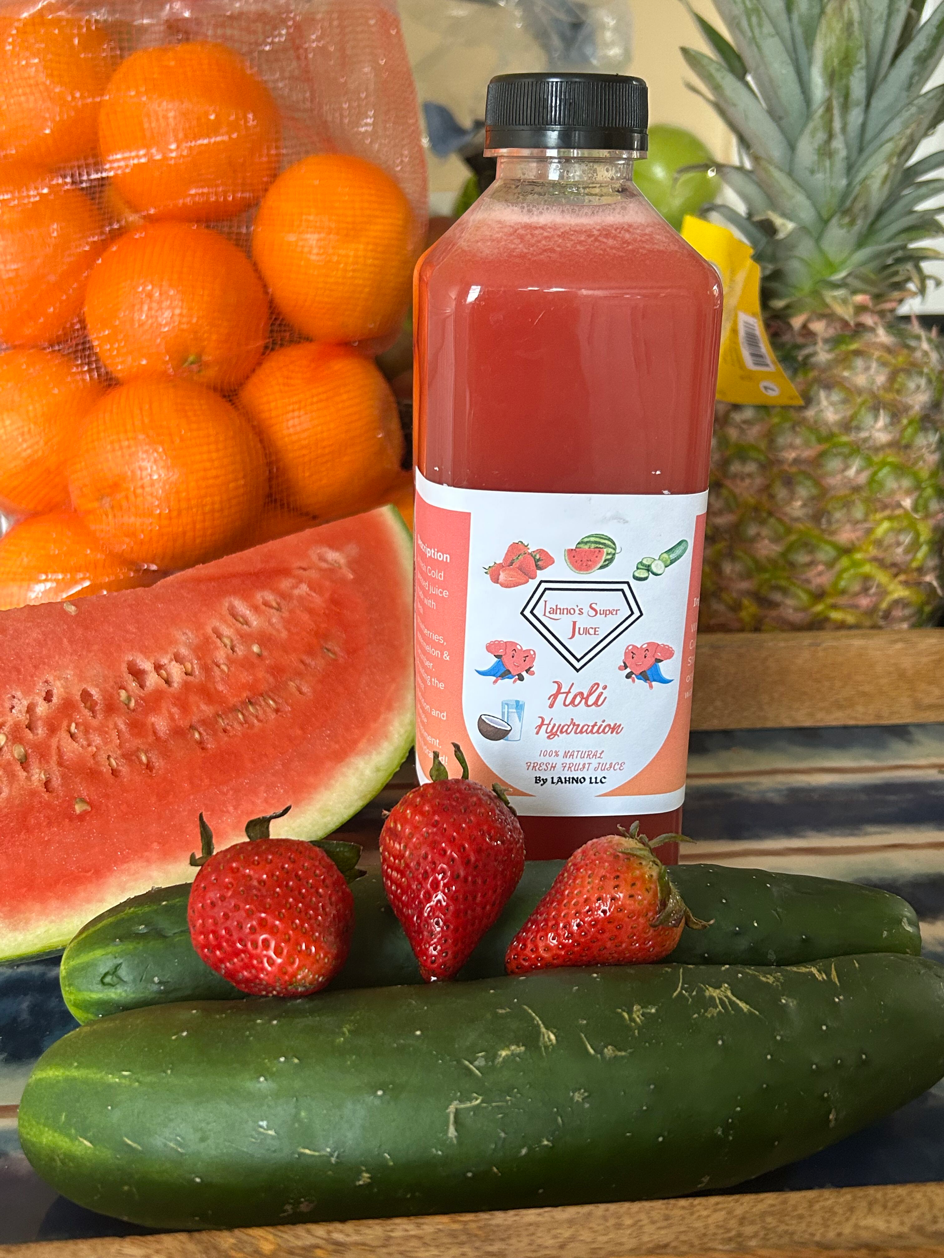 Holi Hydration. Watermelon, Strawberry and Cucumber cold pressed juice