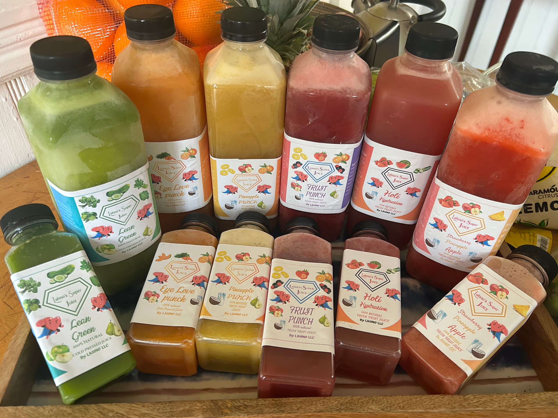 Cold Pressed Juice flavors. 33 & 12 oz options pictured of each flavor.