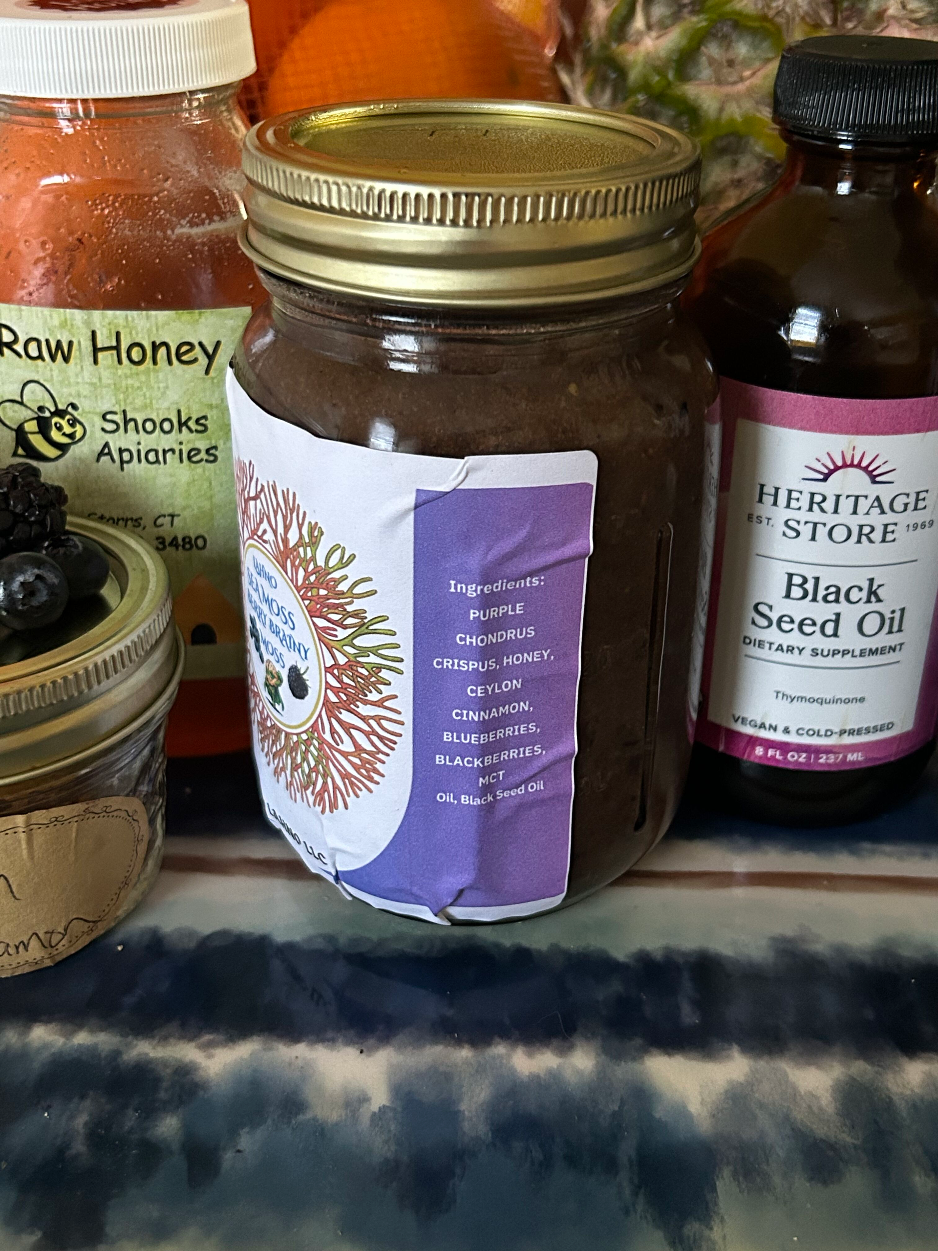 Purple Chondrus crispus sea moss gel. Berry Brainy Moss. MCT oil, Black Seed Oil, Honey, Ceylon Cinnamon, Mixed berries