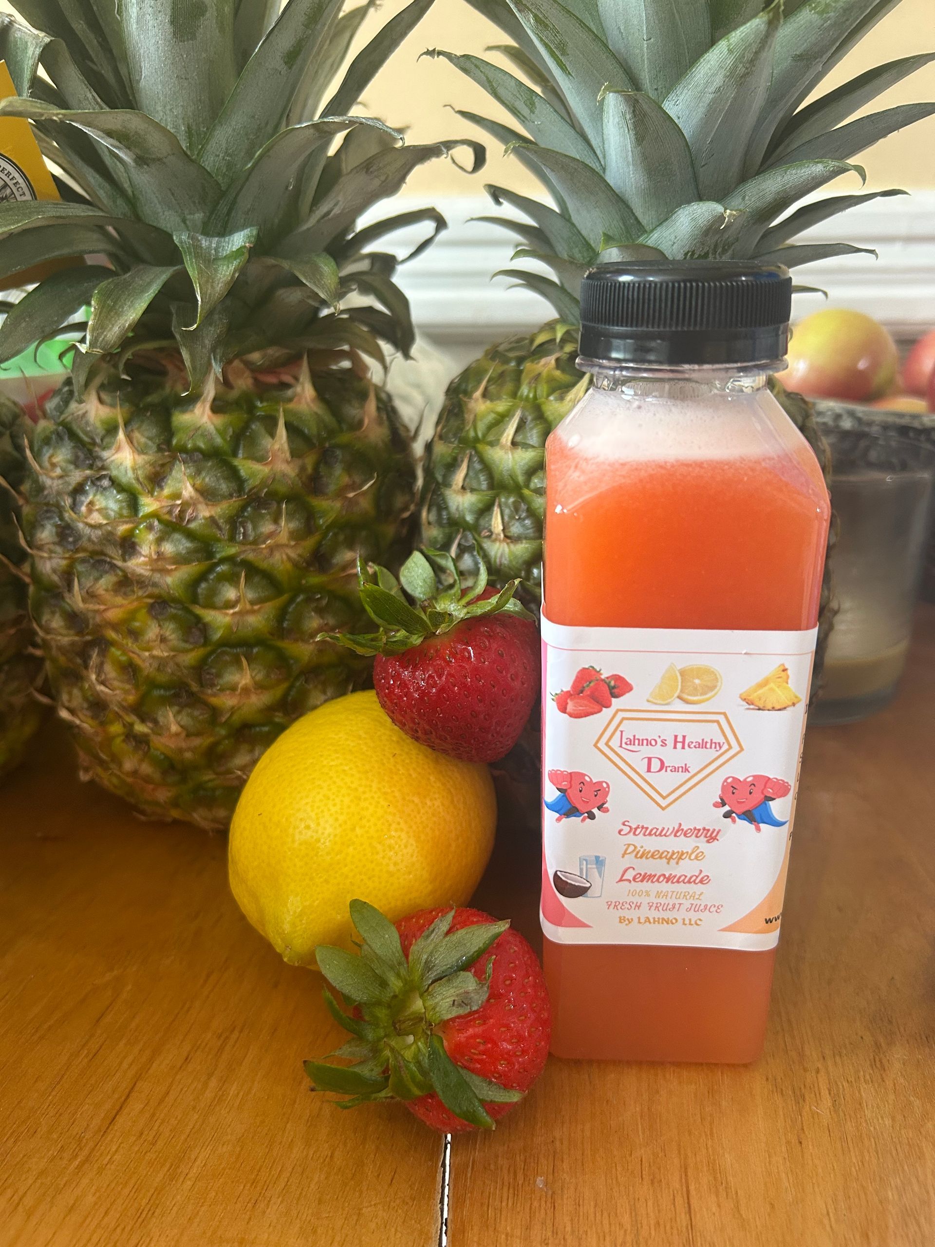 Strawberry Pineapple Lemonade Fresh Cold Pressed Juice LAHNO'S HEALTHY DRANK 12oz, 33oz, 12 oz 6 pack