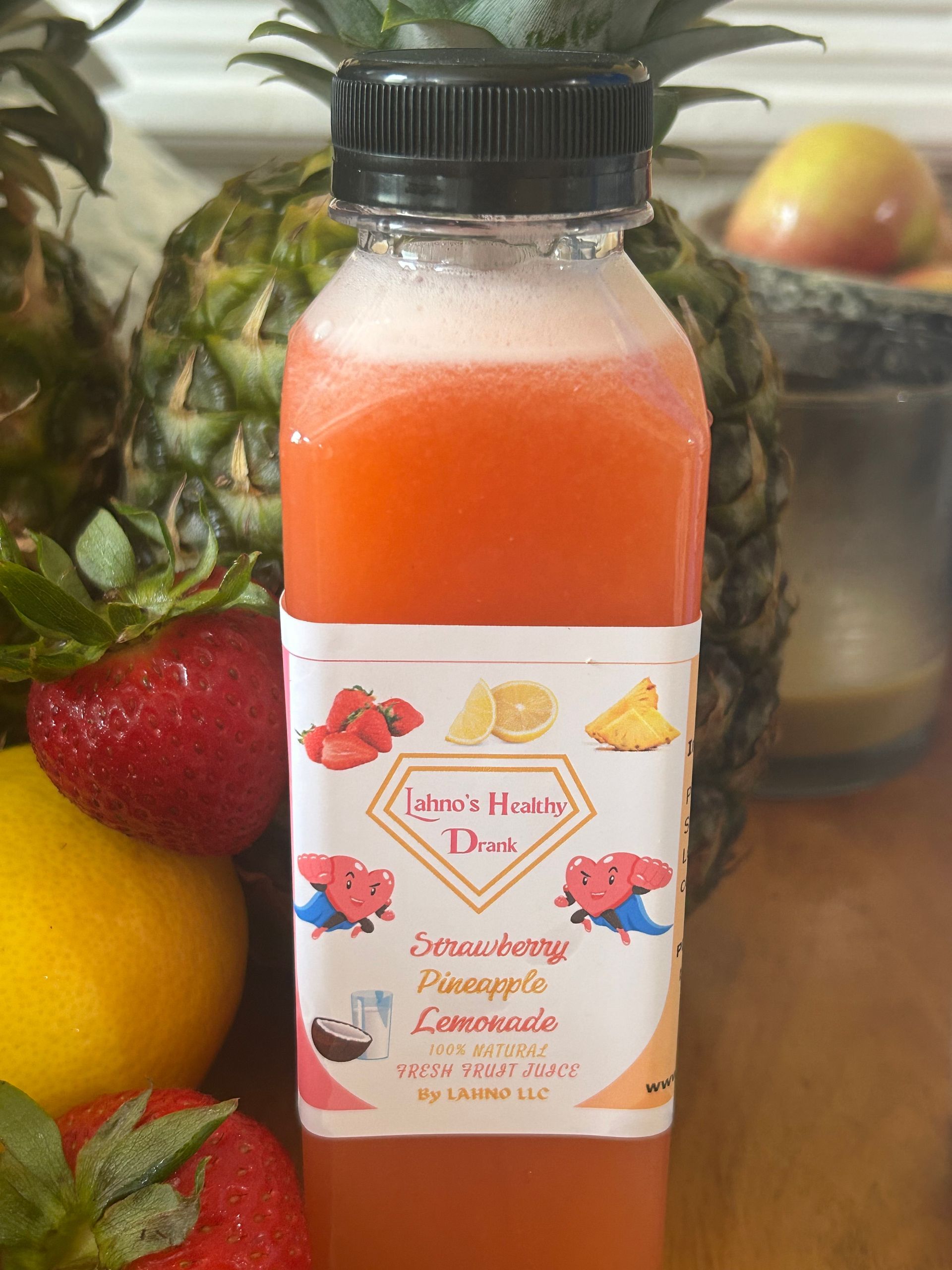 Strawberry Pineapple Lemonade Fresh Cold Pressed Juice LAHNO'S HEALTHY DRANK 12oz, 33oz, 12 oz 6 pack