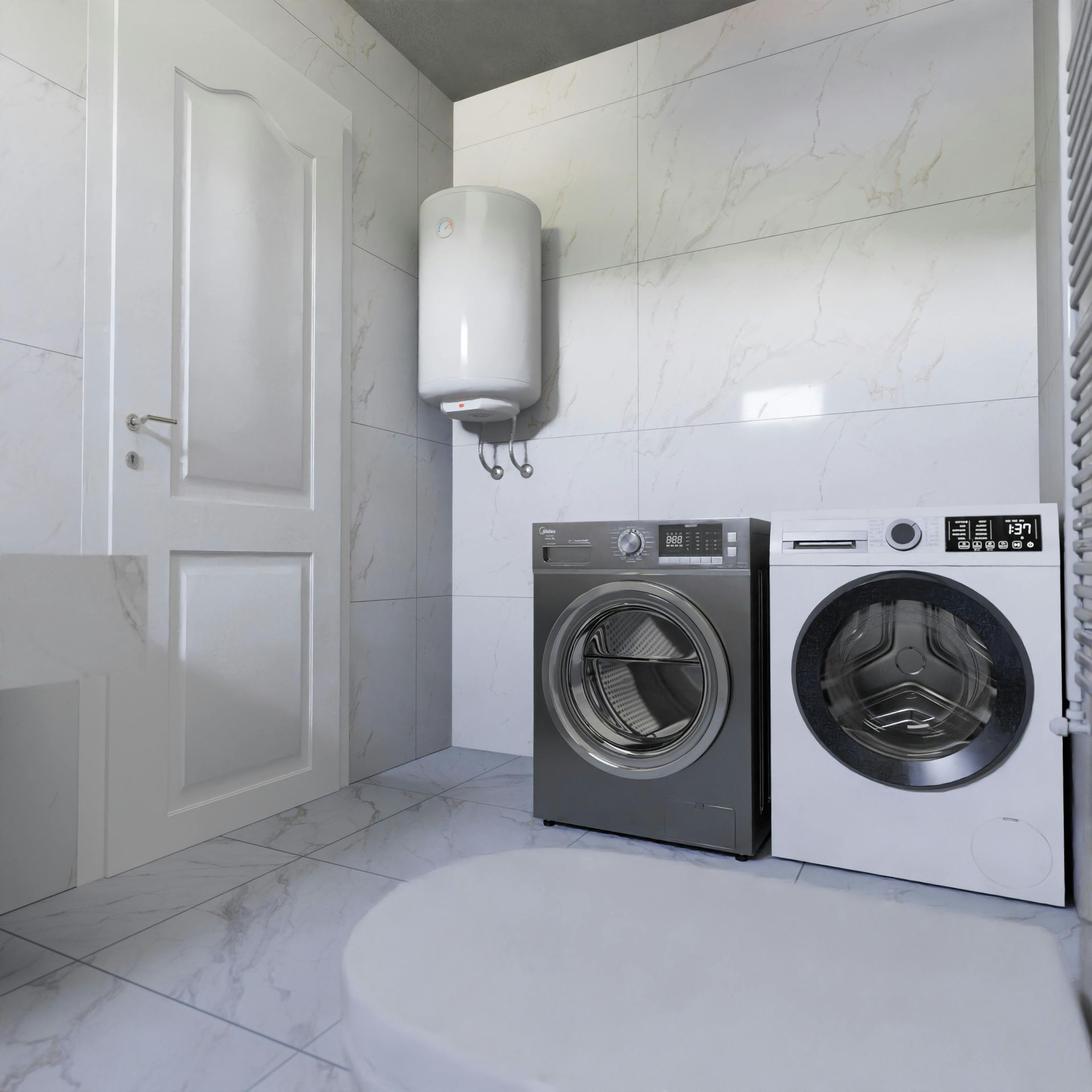 Modern laundry room with a washer, dryer, wall-mounted water heater, and tiled floor