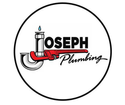 Joseph Plumbing logo with black text, red pipe graphic, and a water droplet inside a circle