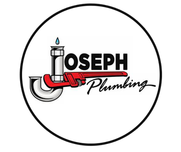 Joseph Plumbing logo with black text, red pipe graphic, and a water droplet inside a circle