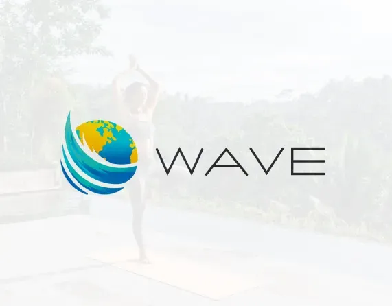 A woman is standing on a yoga mat in front of a wave logo.