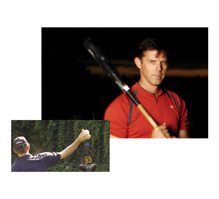 Tom Wright in a red shirt is holding a baseball bat