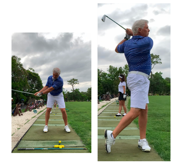 Tom Wright in a blue shirt is swinging a golf club