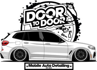 White hatchback car with “Door to Door” mobile auto detailing logo on a white background
