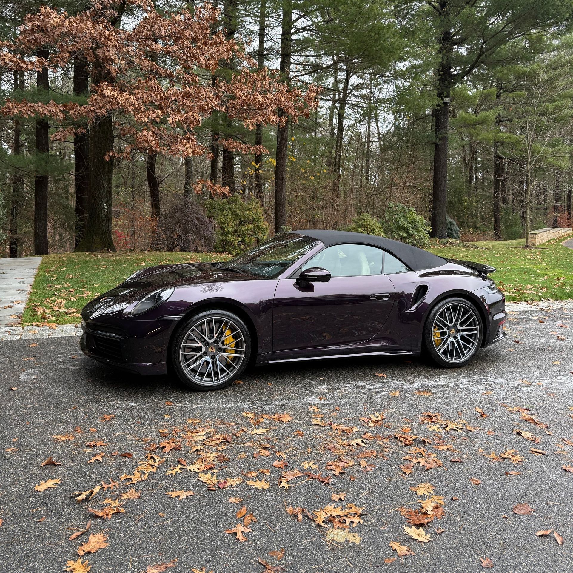 Dark purple sports car parked on a leaf-strewn road beside a wooded area.