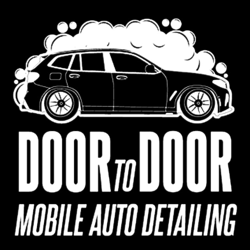 Black-and-white logo of a car being washed, with text “DOOR TO DOOR MOBILE AUTO DETAILING”