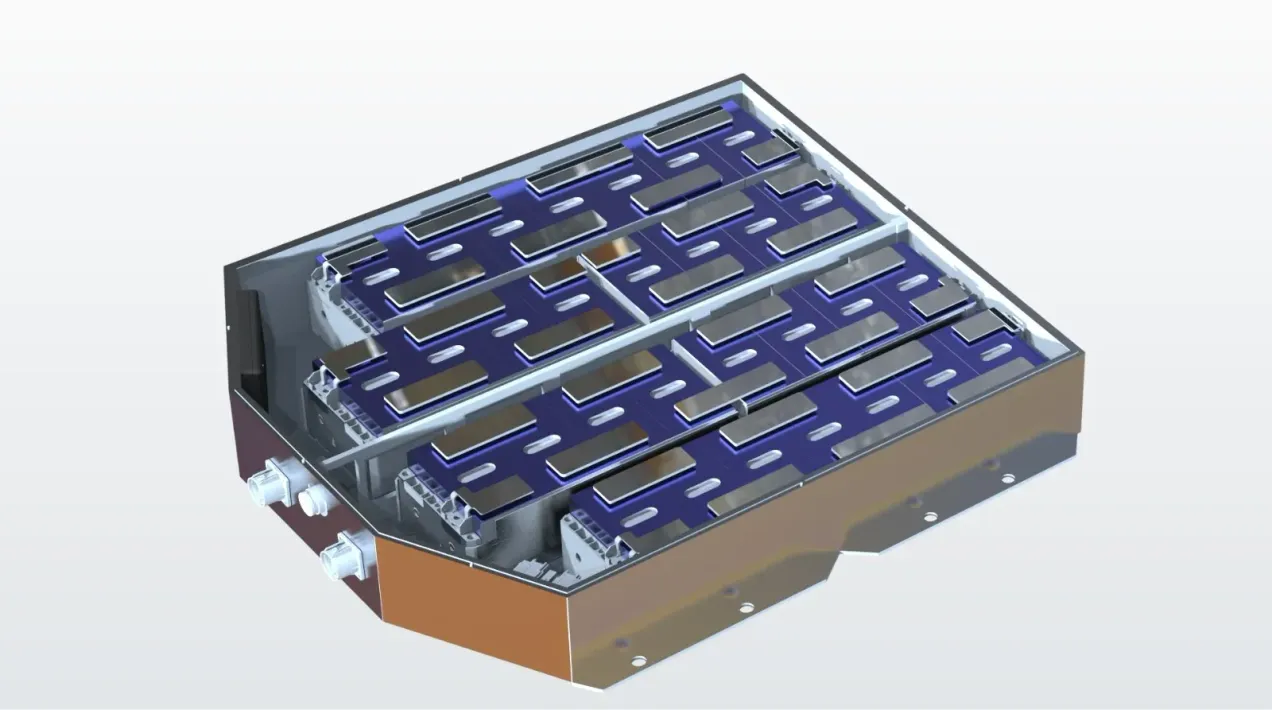 Modello 3D di un modulo elettronico rettangolare con circuiti stampati blu e involucro metallico.
