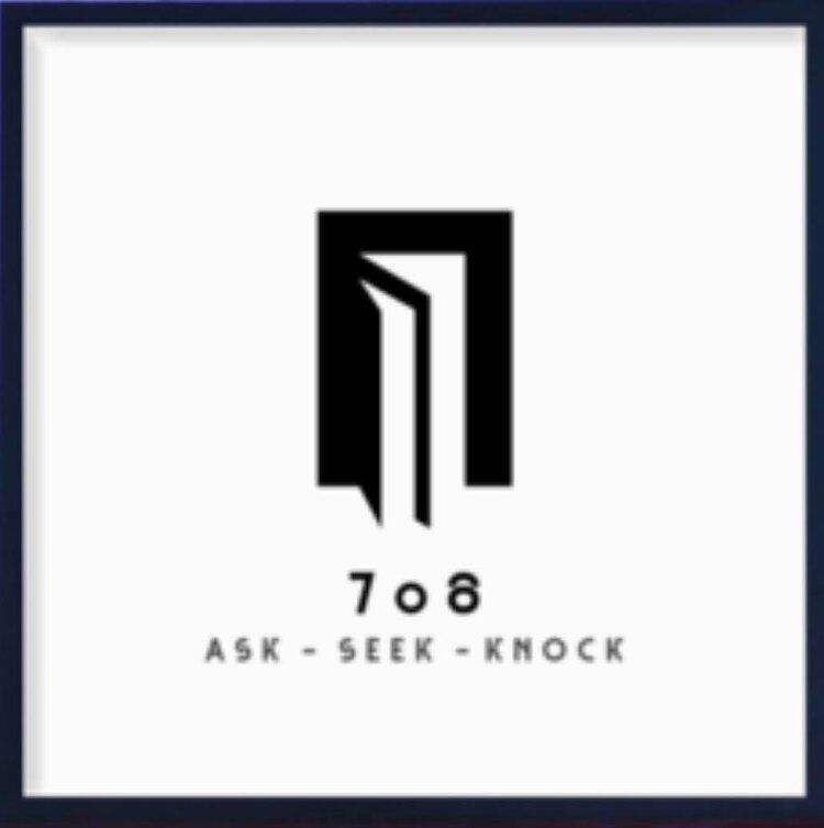 708 Adults Ministry A black and white logo for 708 ask seek knock