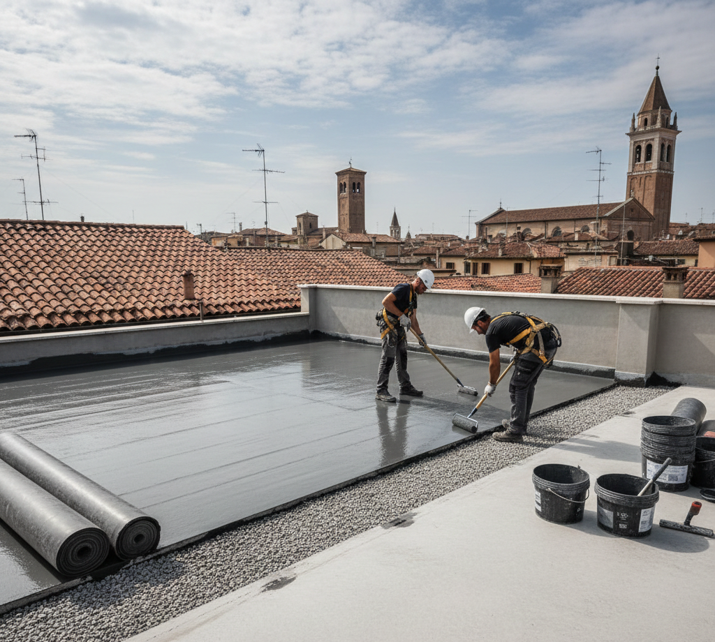 Due operai stendono una vernice scura su un tetto piano. Nelle vicinanze si trovano rotoli di materiale e secchi. Sullo sfondo, un paesaggio urbano.