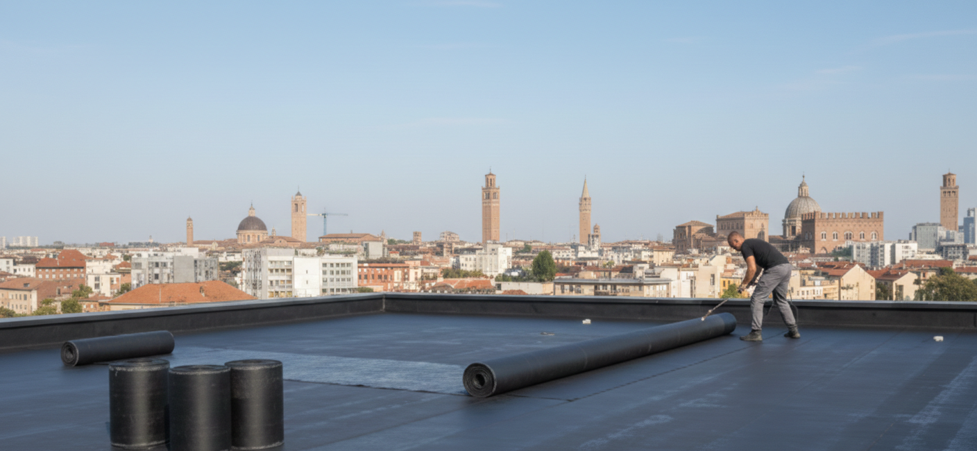 Una persona stende il materiale di copertura su un tetto piano, con lo skyline della città sullo sfondo e un cielo azzurro.