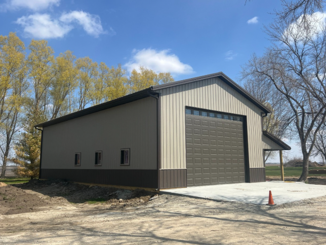 A large building with a large garage door