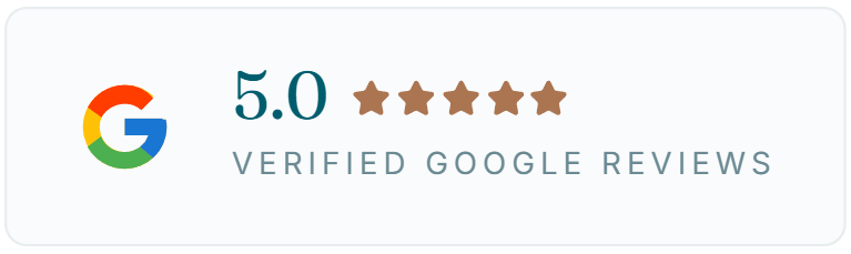 Google reviews badge showing 5.0 stars with “Verified Google Reviews” text
