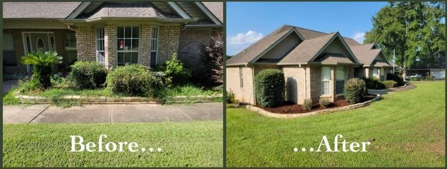 Split-screen house exterior before and after landscaping: overgrown front yard vs. manicured lawn and trimmed shrubs