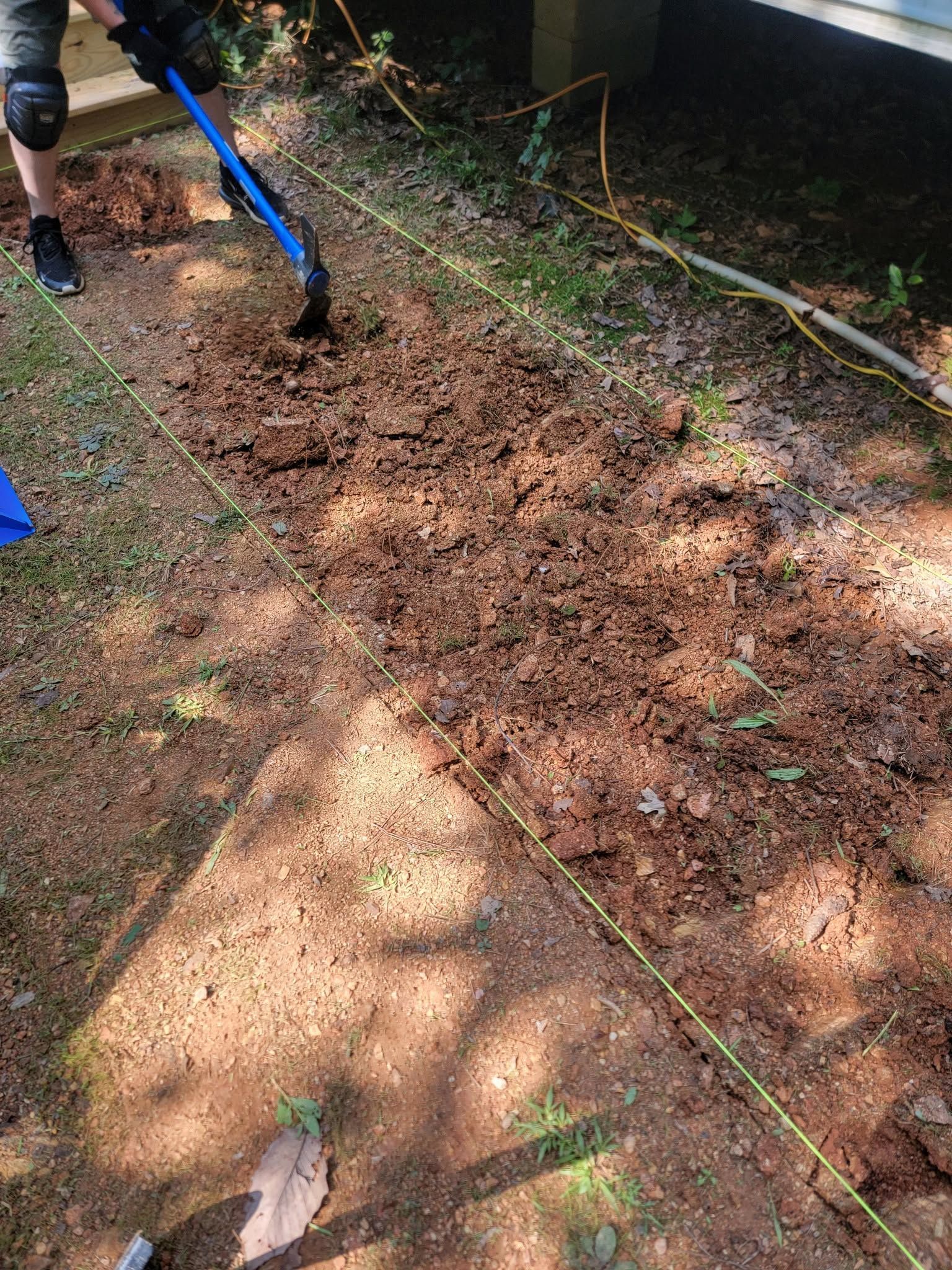 Person raking a garden bed with a blue rake beside a taut string line in dappled sunlight