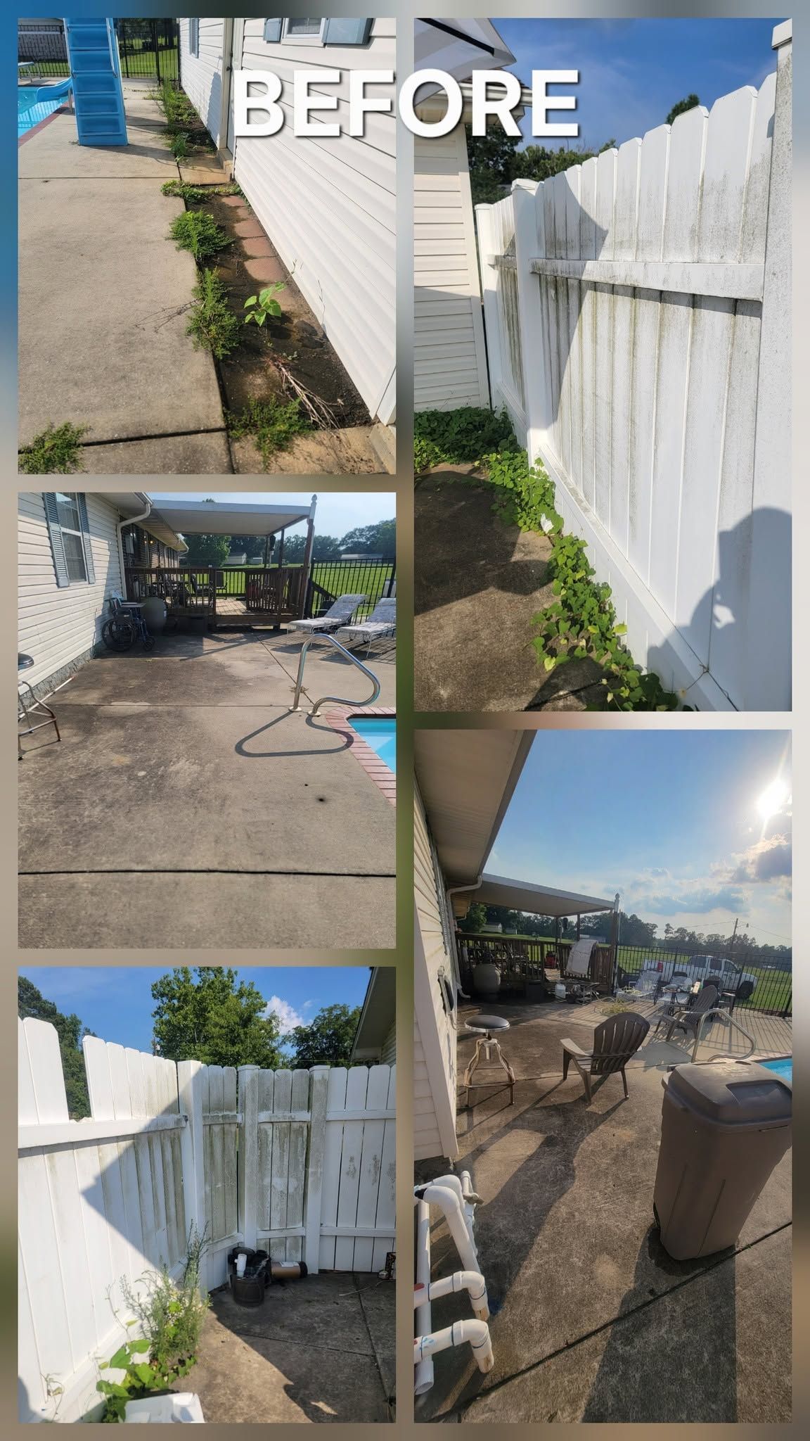 Before: white fence and yard path beside a driveway, with scattered items and trees in the background.