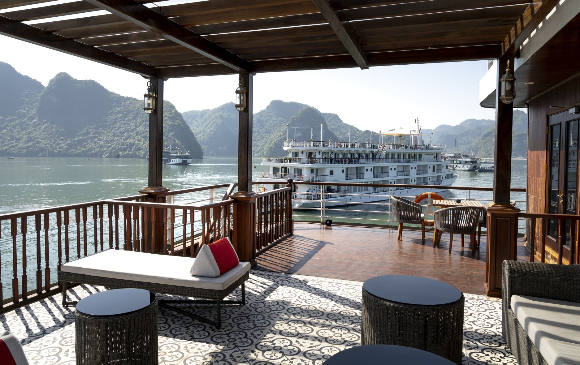 Large riverside wooden deck