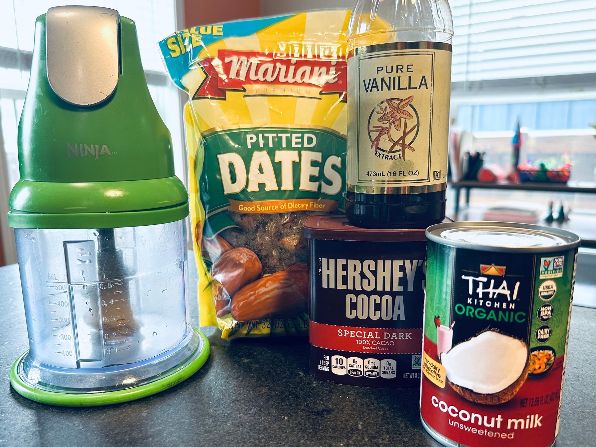 Kitchen counter with green food chopper and assorted ingredients: dates, vanilla, cocoa, coconut milk, and chocolate chips