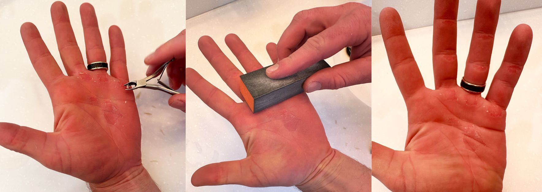 Step-by-step hand measurement with a tape measure wrapped around the palm.