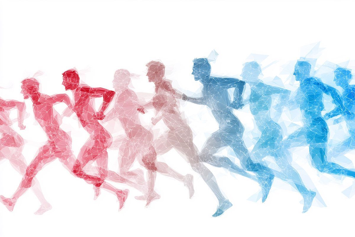 Abstract runners in red, gray, and blue sprinting left to right on a white background