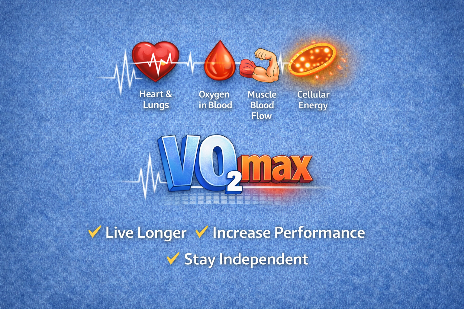 VO2max wellness graphic with heart, brain, lungs and cells icons; “Live Longer, Increase Performance, Stay Independent”